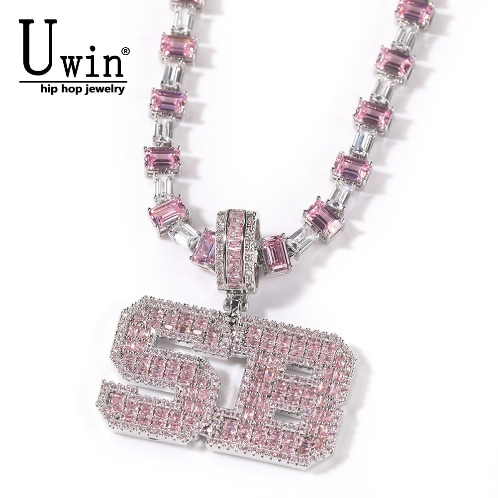 Tennis Bracelet Cubic - Uwin-Pink Baguette رسائل اسم مخصص قلادة